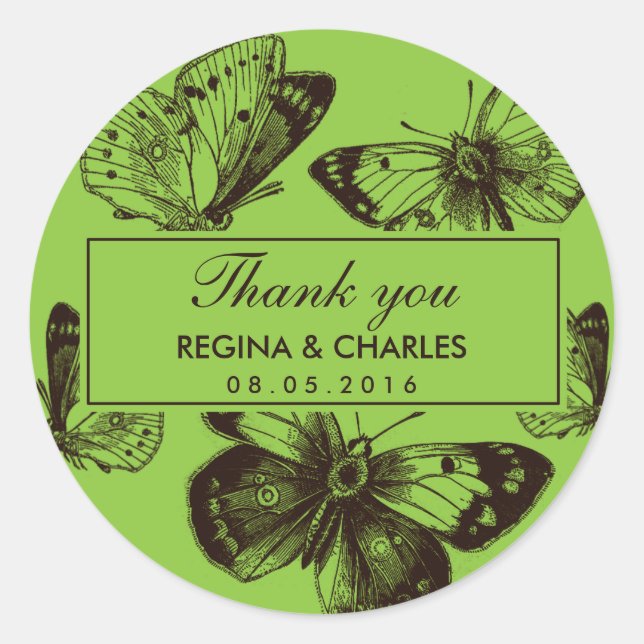 Vintage Green Butterfly Wedding Thank You Sticker (Front)