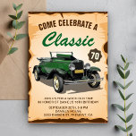 Vintage Green Car Classic Birthday Invitation<br><div class="desc">Invite your guests with this vintage birthday party invite featuring a beautiful vintage car and retro typography against a parchment background. Simply add your event details on this easy-to-use template to make it a one-of-a-kind invitation. Flip the card over to reveal a rustic barn wood texture on the back of...</div>