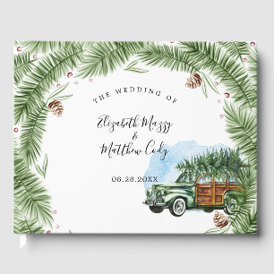 Vintage Green Car Snow Christmas Wedding Guest Book