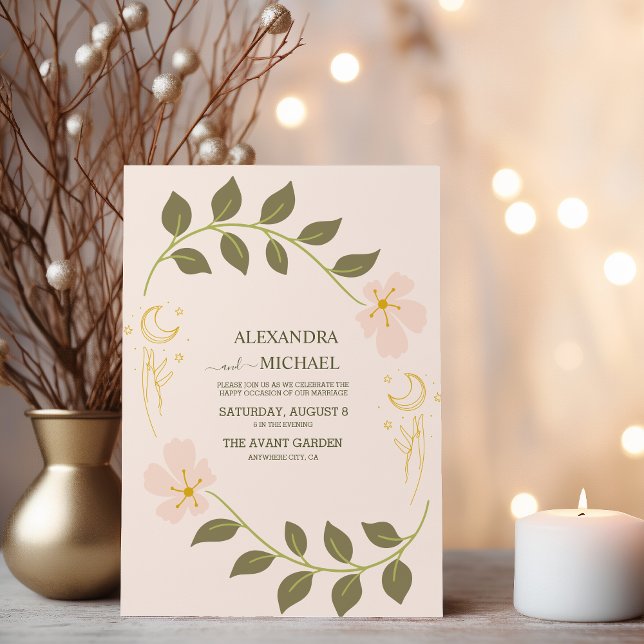 Vintage Green Celestial Botanical Wedding Invitation (Creator Uploaded)