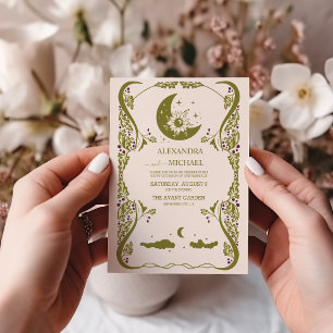 Vintage Green Celestial Botanical Wedding  Invitation