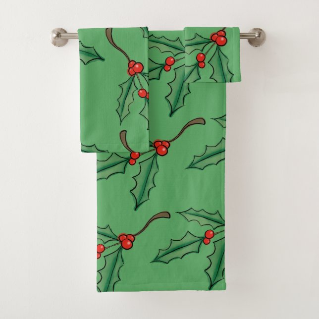 Vintage Green Christmas Holly Towel Set Gift (Insitu)