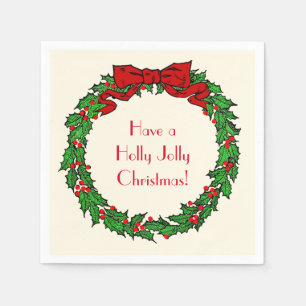 Vintage Green Christmas Holly Wreath with Red Bow Napkin