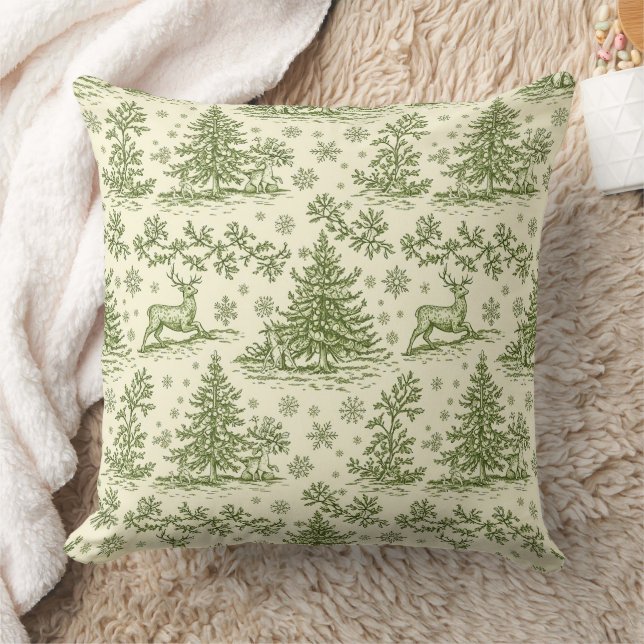 Vintage Green Christmas Toile Deer Pattern Cushion (Blanket)