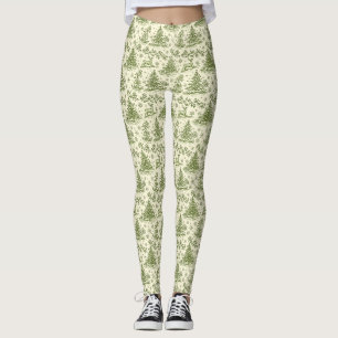 Vintage Green Christmas Toile Deer Pattern Leggings