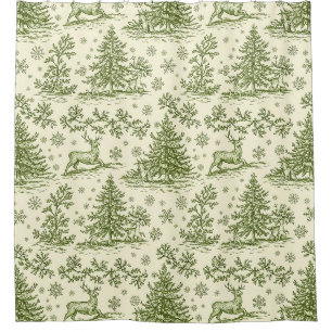 Vintage Green Christmas Toile Deer Pattern Shower Curtain