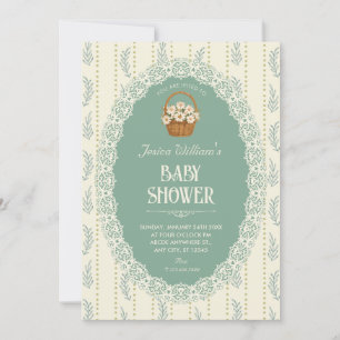 Vintage green cream floral baby shower invitation