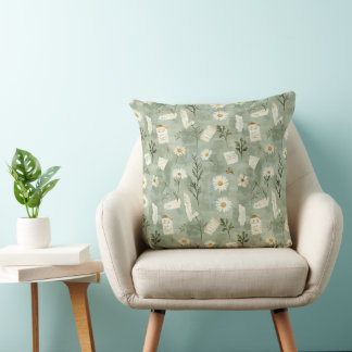 Vintage Green Daisy Ephemera Botanical  Cushion