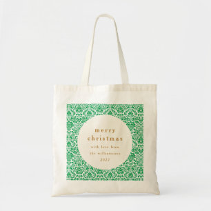 Vintage Green Damask Festive Custom Christmas Tote Bag