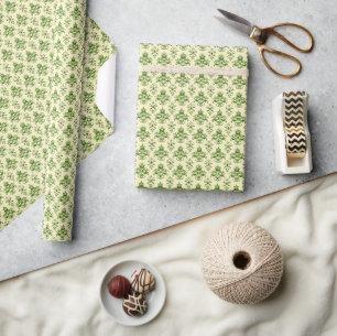 Vintage Green Damask Pattern on Light Beige Wrapping Paper