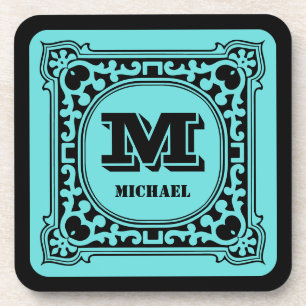 Vintage green decorative alphabet name monogram coaster