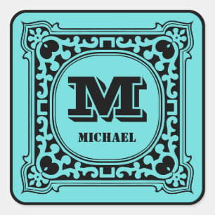 Vintage green decorative alphabet name monogram square sticker