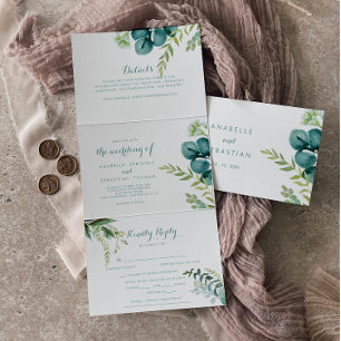 Vintage Green Eucalyptus Calligraphy Wedding  Tri-Fold Invitation