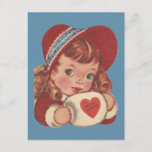 Vintage Green Eyed Girl Valentine Holiday Postcard