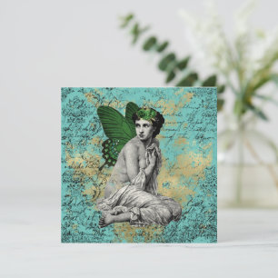 Vintage Green Fairy on Aqua Ephemera Card