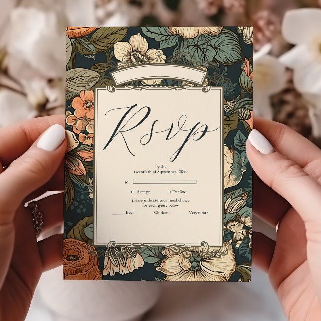 Vintage Green Fall Flowers Wedding RSVP Card (Creator Uploaded)