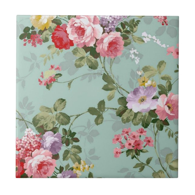 Vintage Green Floral Design  Ceramic Tile (Front)