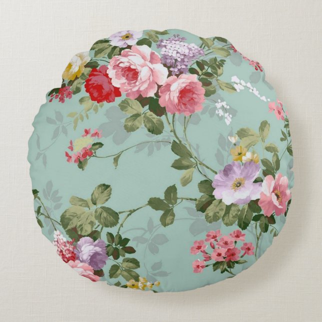 Vintage Green Floral Design  Round Cushion (Front)