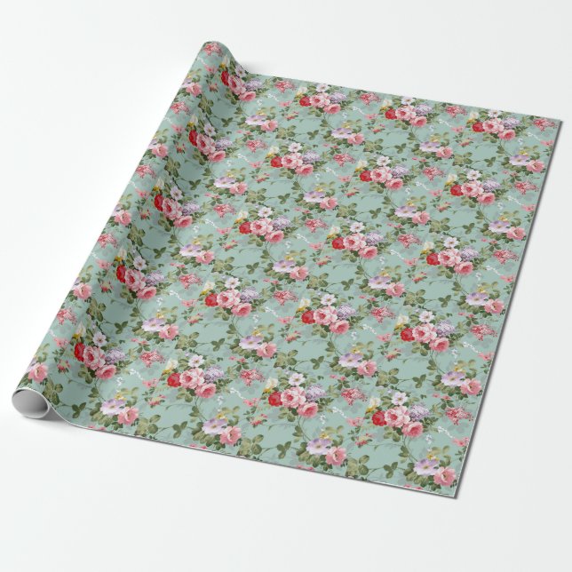 Vintage Green Floral Design  Wrapping Paper (Unrolled)