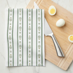Vintage Green Floral Stripe Kitchen Towel