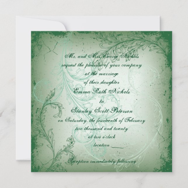 Vintage green flourish scroll leaf wedding invitation (Front)
