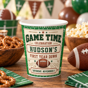 Vintage Green Football First Down 1st Birthday boy Paper Cups