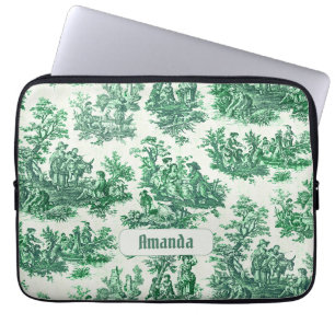 Vintage Green French Toile de Jouy Monogram Laptop Sleeve