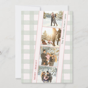 Vintage Green Gingham Plaid Christmas Five Photo Holiday Card