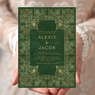 Vintage Green Gold Book Cover Wedding Invitation
