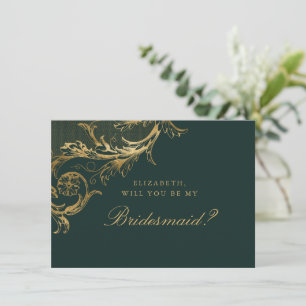Vintage Green Gold Floral Damask Bridesmaid Invitation