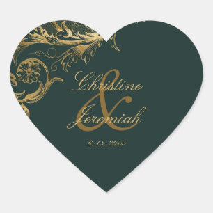 Vintage Green Gold Floral Damask Script Wedding Heart Sticker