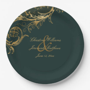 Vintage Green Gold Floral Damask Script Wedding Paper Plate