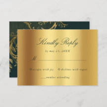 Vintage Green Gold Floral Damask Script Wedding
