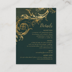 Vintage Green Gold Floral Damask Wedding Details Enclosure Card