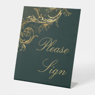 Vintage Green Gold Floral Damask Wedding Pedestal Sign