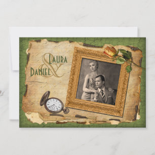 Vintage Green, Gold Frame Photo Wedding Invite II