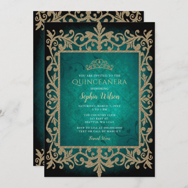 Vintage Green Gold Princess Tiara Quinceañera  Invitation (Front/Back)