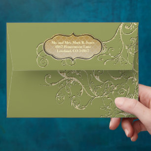 Vintage Green Gold Swirl Wedding Envelope
