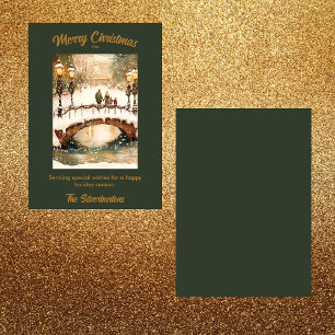 Vintage Green, Gold Watercolor Christmas Scene