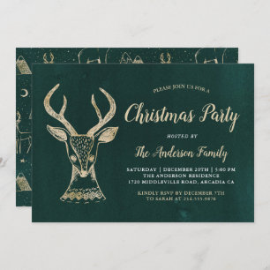 Vintage Green Gold Woodland Deer Christmas Party Invitation