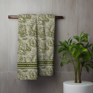 Vintage green grey toile de jouy printed bath towel set