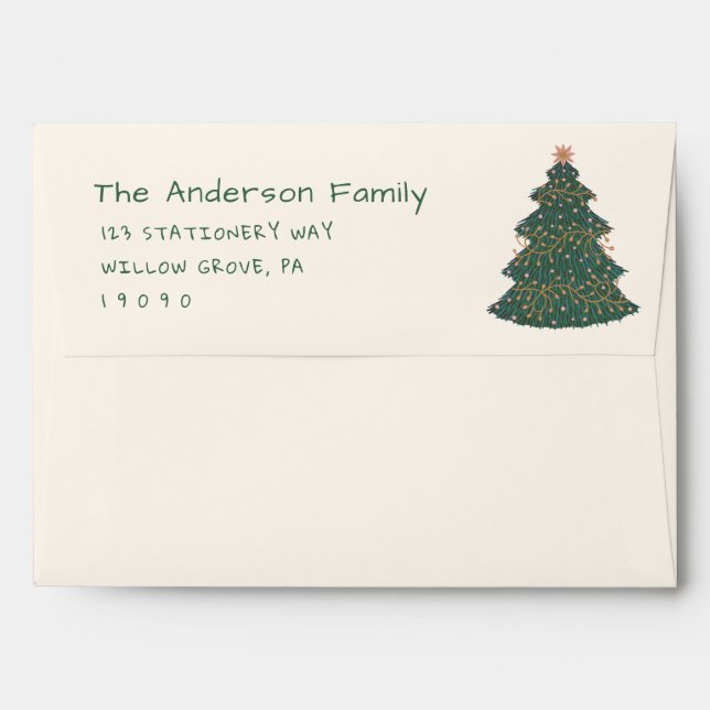 Vintage Green Hand Drawn Christmas Star Tree Envelope (Back (Top Flap))