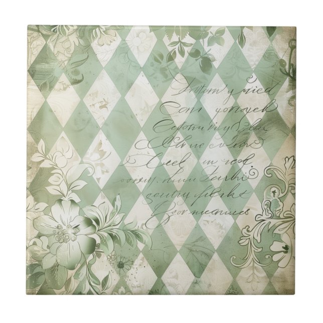 Vintage Green Harlequin Floral Script Ceramic Tile (Front)