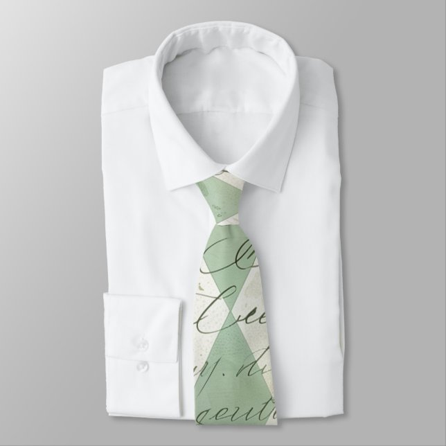 Vintage Green Harlequin Floral Script Tie (Tied)