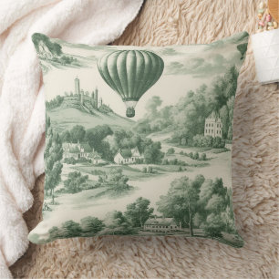 Vintage Green Hot Air Balloon Toile Pattern Cushion