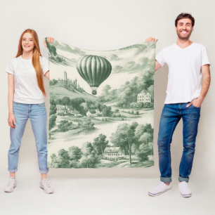 Vintage Green Hot Air Balloon Toile Pattern Fleece Blanket