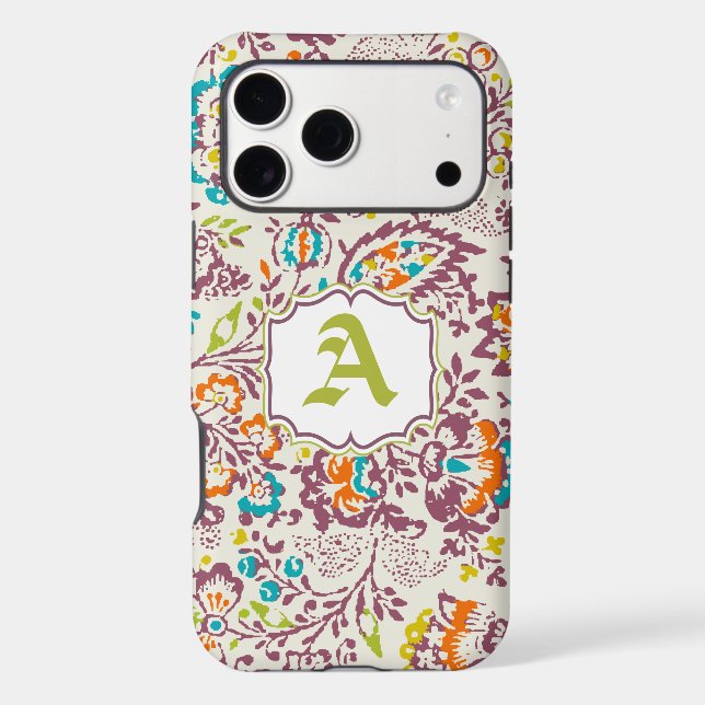 Vintage Green Ivory Plum Damask Personalise iPhone (Back)