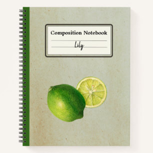 Vintage Green Lemon Illustration Personalised Comp Notebook