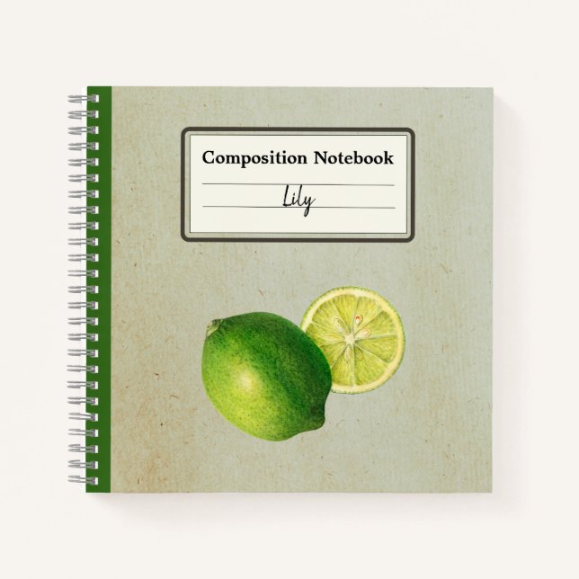 Vintage Green Lemon Illustration Personalised Comp Notebook (Front)