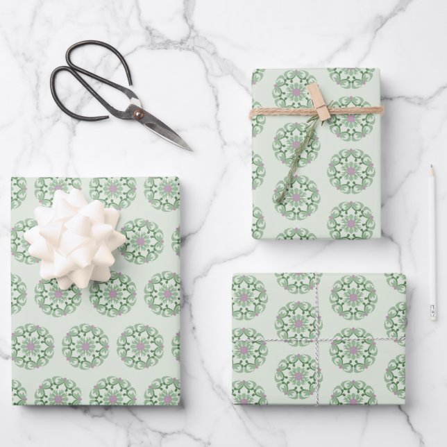 vintage green lotus pattern wrapping paper sheet (Front)